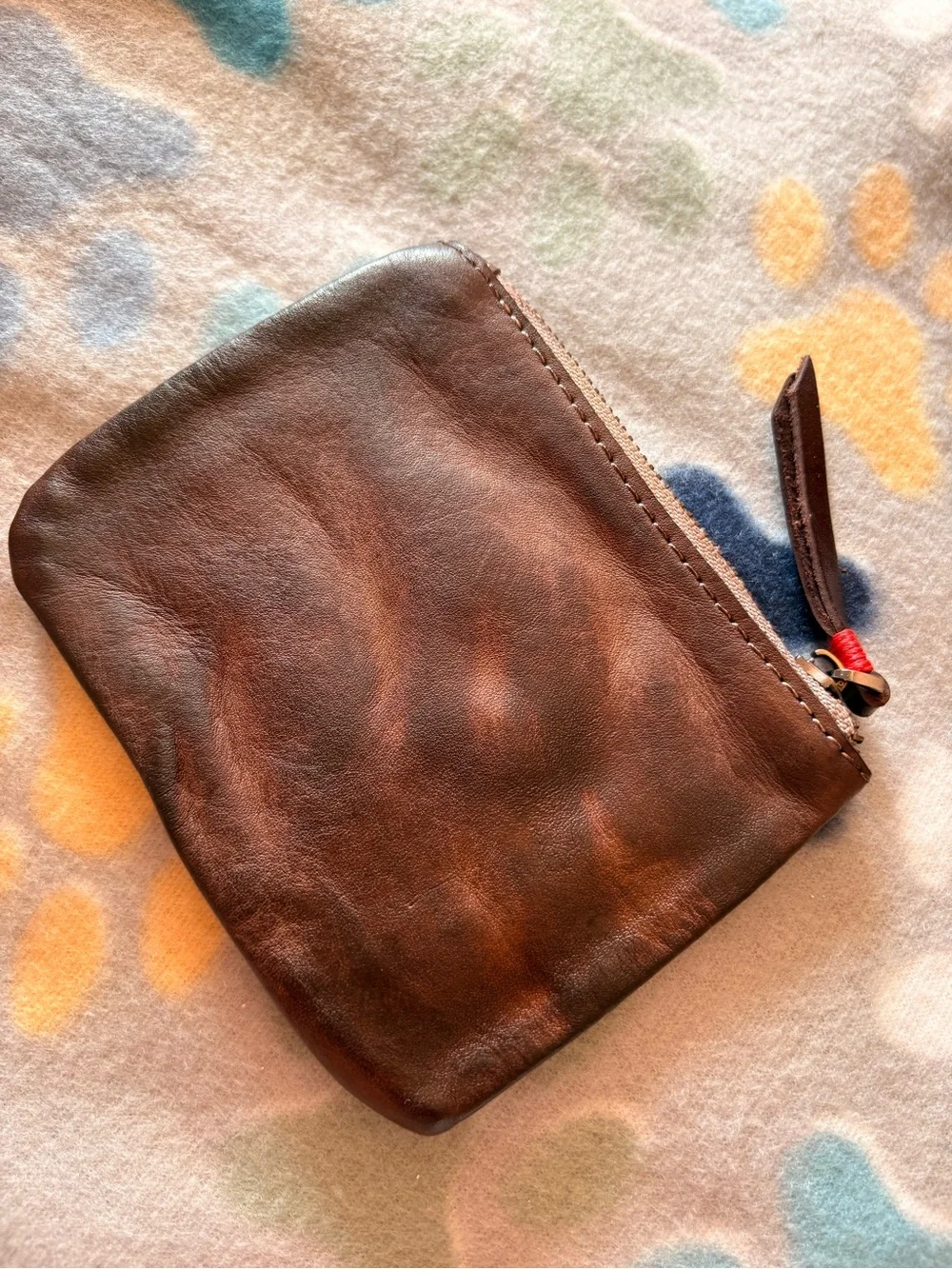 Vintage Brown Leather Zip Pouch with Front Snap Pocket
